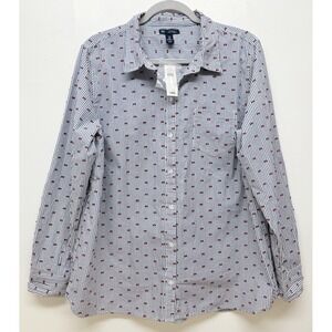 Gap Boyfriend Fit Shirt XL Blue Stripe Red Bow Embroidered Button Down New #66